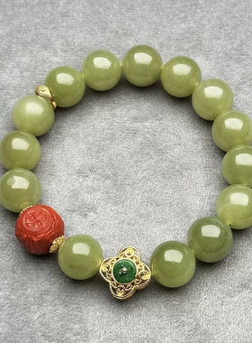 天然和田玉手串女南红雕刻骷颅头翡翠A货镶嵌银多宝手链12m