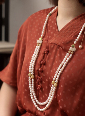 国风复古风富贵吉祥天然淡水珍珠链翡翠多宝秋冬长款项链