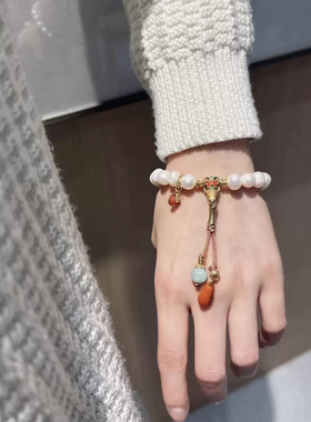 天然淡水珍珠手链S925银景泰蓝南红吊坠翡翠莲蓬多宝手串