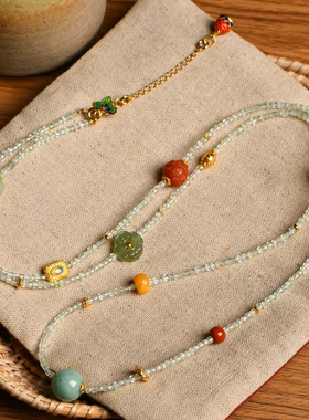 新中式天然葡萄石串珠项链毛衣链女南红蜜蜡和田玉银饰多宝项饰