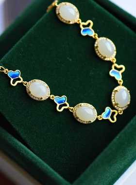 纯银925镶嵌天然和田玉白玉手链白玉蛋面手链设计师款送女朋友