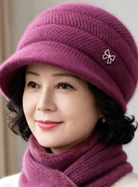 冬季加绒保暖中老年女针织毛线帽
