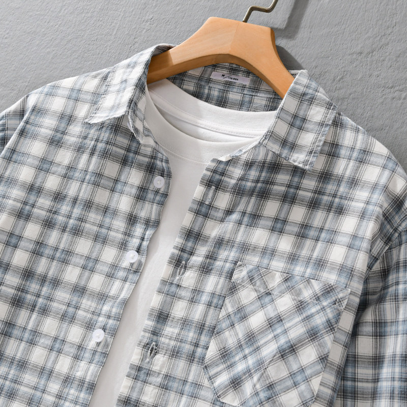 日系复古格子长袖衬衫男士春秋潮流百搭纯棉上衣宽松休闲简约外套,淘宝优惠券,粉丝福利购,淘宝优惠卷