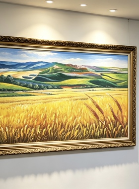 餐厅纯手绘五谷丰登油画 金黄色麦田丰收挂画 横版现代立体装饰画