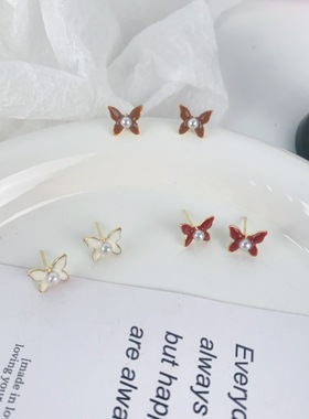 复古红棕色滴油蝴蝶结珍珠耳钉甜美气质百搭耳环简约精致设计耳饰