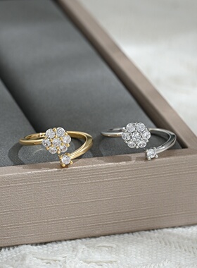 2026真金电镀微镶锆石个性开口戒指女小众设计感花瓣指环冷淡风