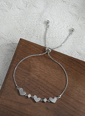 2026真金电镀微镶锆石轻奢手饰品女感桃心可调节抽拉手链百搭手环