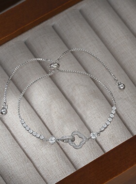 2026真金电镀镶锆石气质手饰品女感镂空四叶草可调节抽拉手链