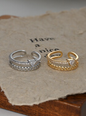 2026真金电镀镶锆石个性开口戒指女小众设计感几何指ins风简约