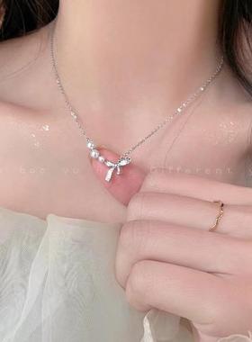 闪钻蝴蝶结珍珠项链女夏天新款