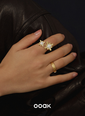 OOAK 白日日落烟花白贝母雕金纯银开口戒指 原创设计轻奢礼物默叙