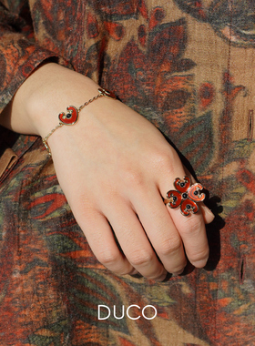 DUCO 红玛瑙四叶草戒指 原创小众设计师个性复古礼物 默叙