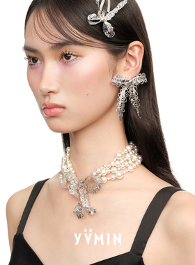 YVMIN尤目x SHUSHUTONG 蕾丝蝴蝶结多层珍珠锁骨链 原创设计项链