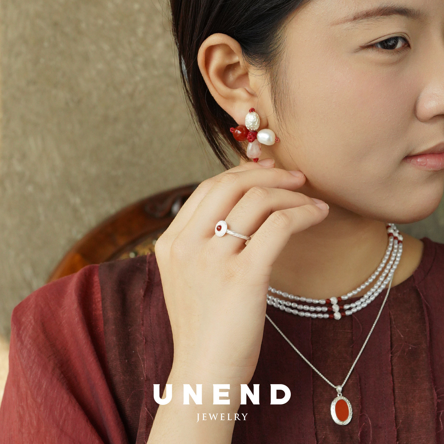 UNEND止续 安蕾耳环 纯银红玛瑙淡水珍珠红胶花原创设计耳钉默叙,淘宝优惠券,粉丝福利购,淘宝优惠卷