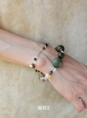 QIQI器契 x 默叙 游乐大牛角水晶手串 原创设计绿檀乌金黄杨手链