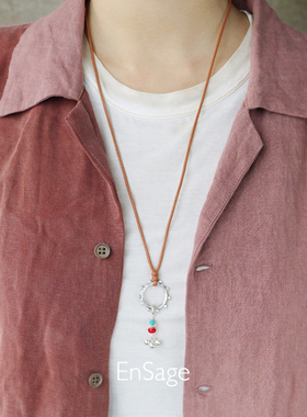 梦行之环纯银绿松石吊坠蜡绳项链