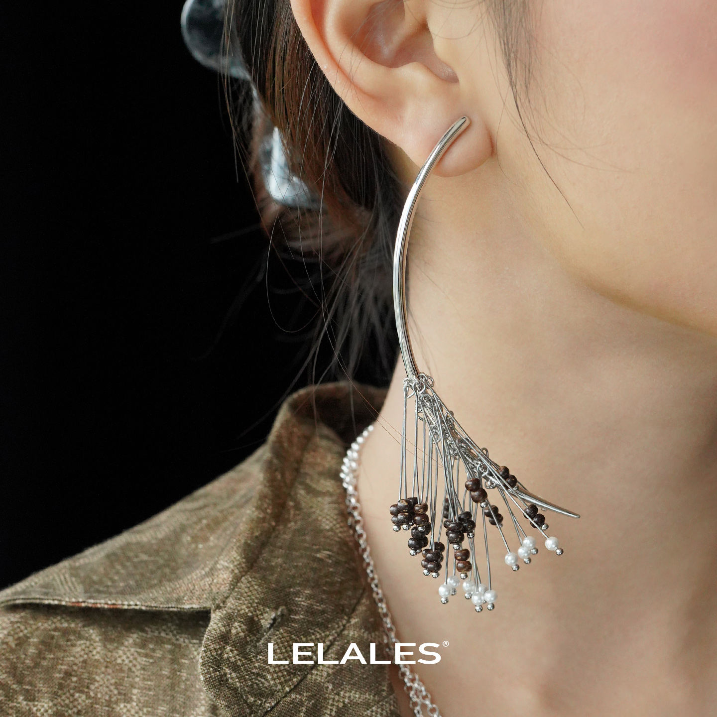 LELALES桑丘 雨松珍珠松果半串耳环 原创小众设计师个性耳饰 默叙 - 图2