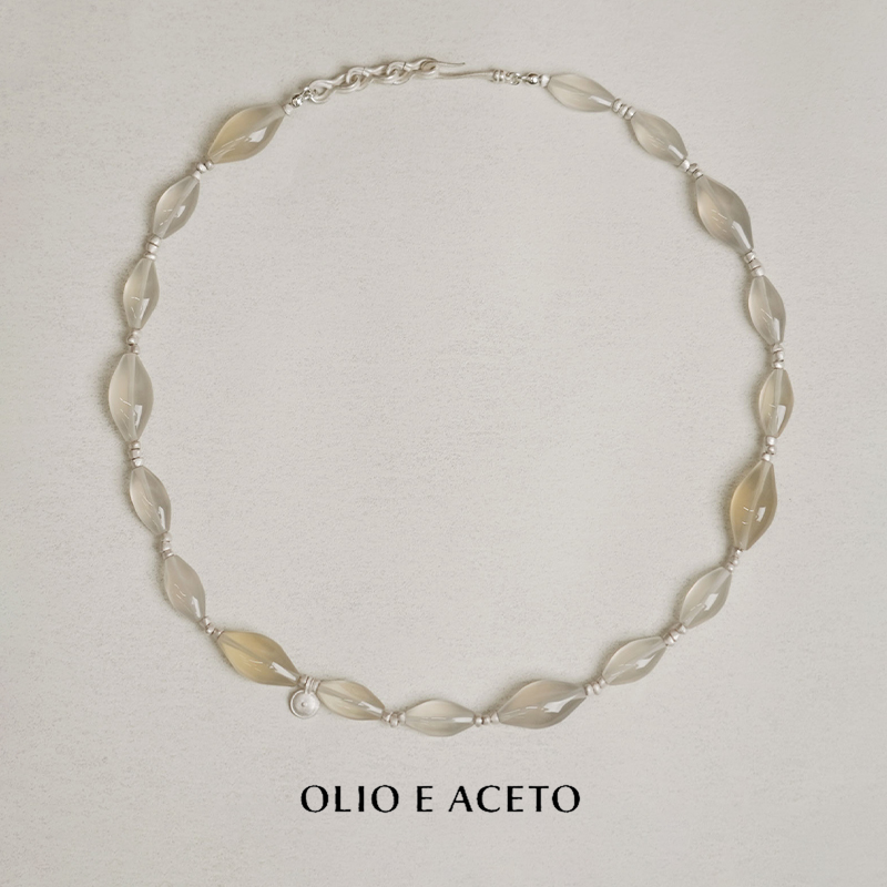 OLIO E ACETO黑曜石纯银拼接项链 925银白玛瑙原创设计师锁骨链-图3