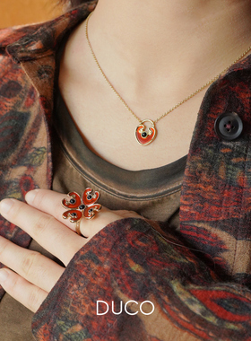 DUCO 红玛瑙爱心吊坠 原创小众设计师气质复古金色锁骨链项链默叙