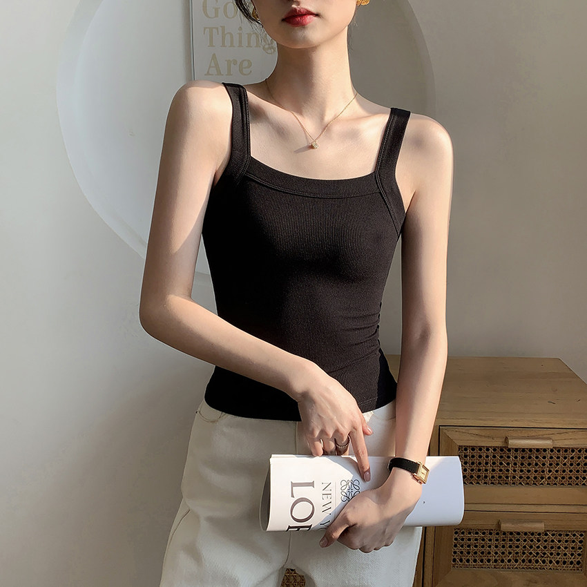 黑色螺纹方领吊带背心女2025新款春夏季紧身打底美背西装内搭上衣