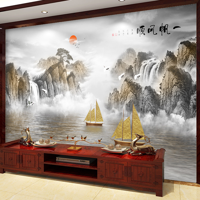 3d立体壁画新中式山水客厅电视背景墙贴画轻奢几何墙纸自粘墙画贴_虎窝淘