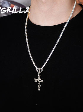 Travis scott厂牌Cactus Jack吊坠 镀金嘻哈满锆石字母十字架项链