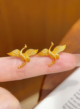 金色精致新中式耳钉国风仙鹤国潮古法金首饰轻奢黄金色耳饰仙鹤