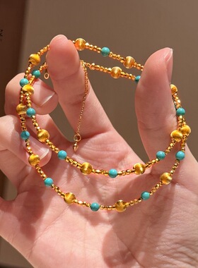 金色精致绿松石猫眼项链女超闪精致小米珠锁骨链轻奢高级感颈链