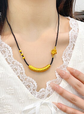 金色新中式古法百福弯管莲花绳吊坠项链福气满满毛衣链送