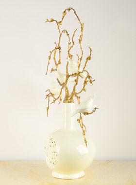 葫芦形铜配陶瓷紫水晶石花枝摆