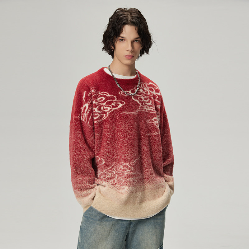 LAMLICKA新年款红色祥云提花针织毛衣男秋冬中式慵懒针织衫宽松,淘宝优惠券,粉丝福利购,淘宝优惠卷