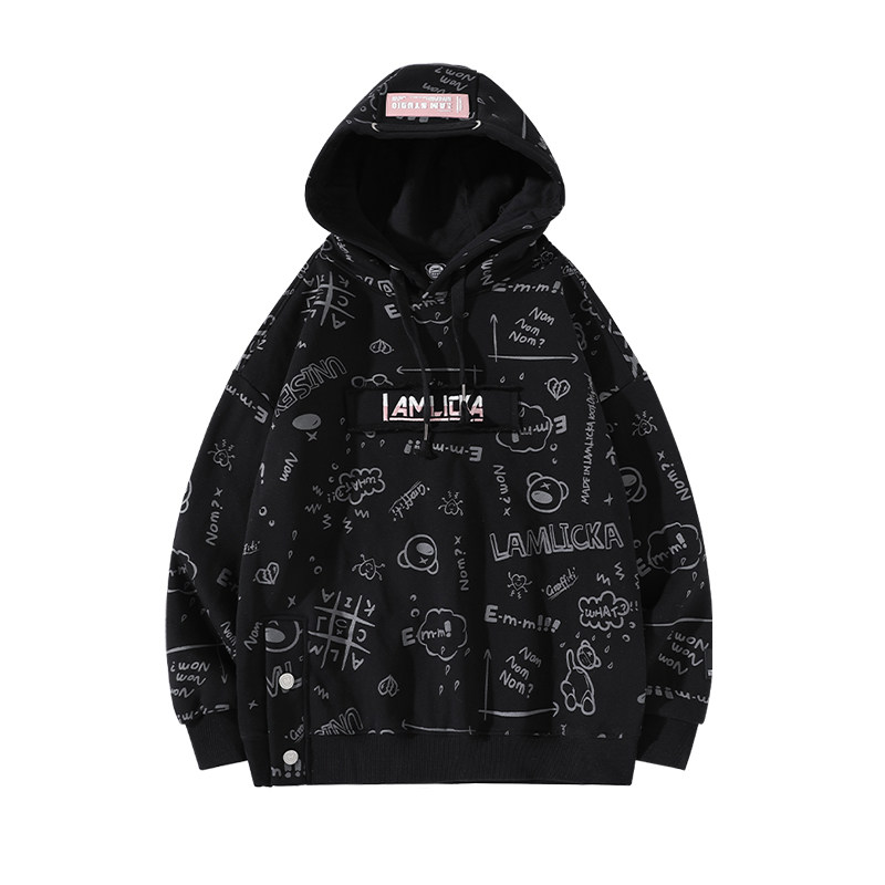 LAMLICKA卡通满印宽松加绒卫衣男潮牌春秋款情侣连帽衫长袖上衣女