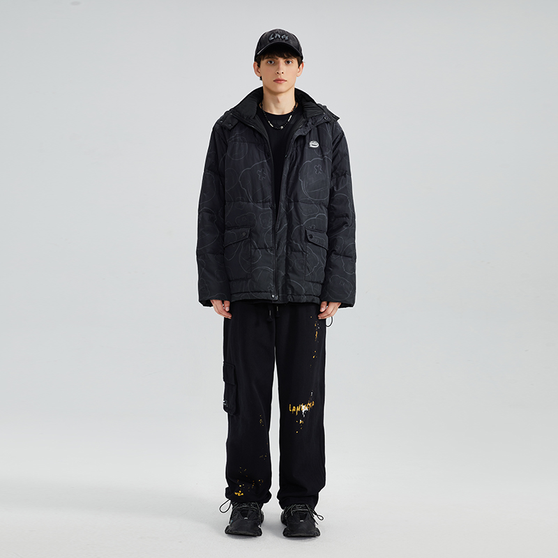 LAMLICKA LAM国潮满印小熊字母宽松连帽开衫棉服男廓形多口袋外套 - 图1