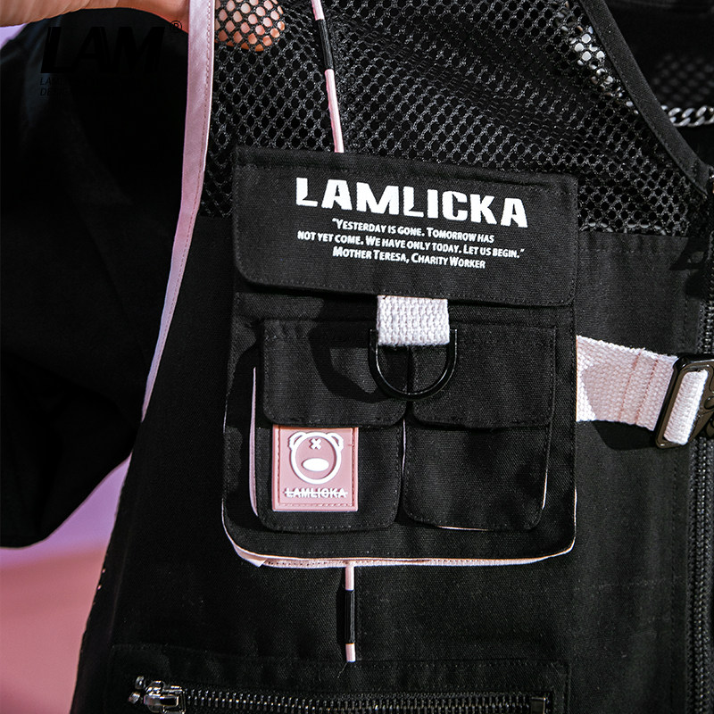 LAMLICKA小恶魔粉黑撞色机能工装马甲男潮无袖多口袋战术马夹背心,淘宝优惠券,粉丝福利购,淘宝优惠卷