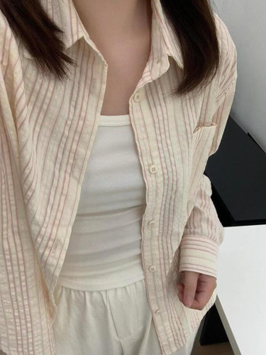 法式超好看白色条纹长袖衬衫女2026年新款开衫防晒衬衣宽松外套潮 - 图0