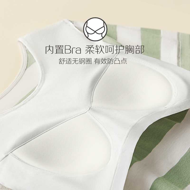 红豆女士睡裙棉质睡衣女夏季薄款短袖条纹带胸垫宽松新款家居服