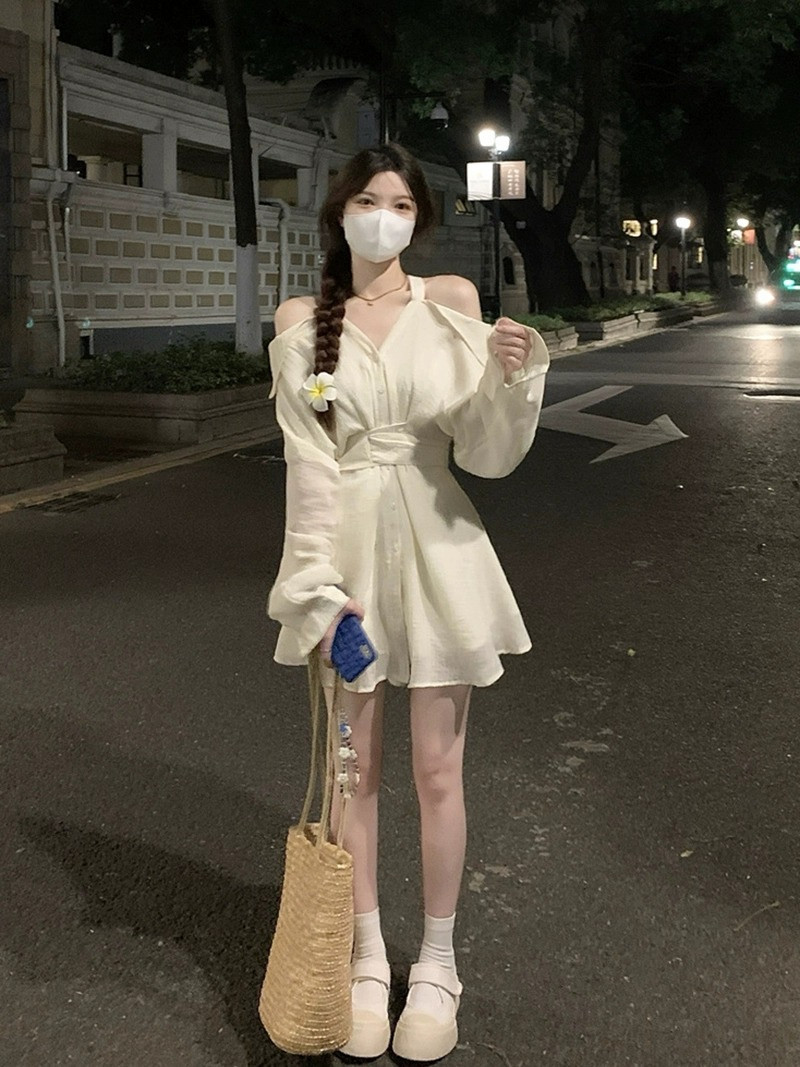 奶系温柔风挂脖式防晒连衣裙短裤套装多马胺夏秋收腰露肩A字短裙,淘宝优惠券,粉丝福利购,淘宝优惠卷