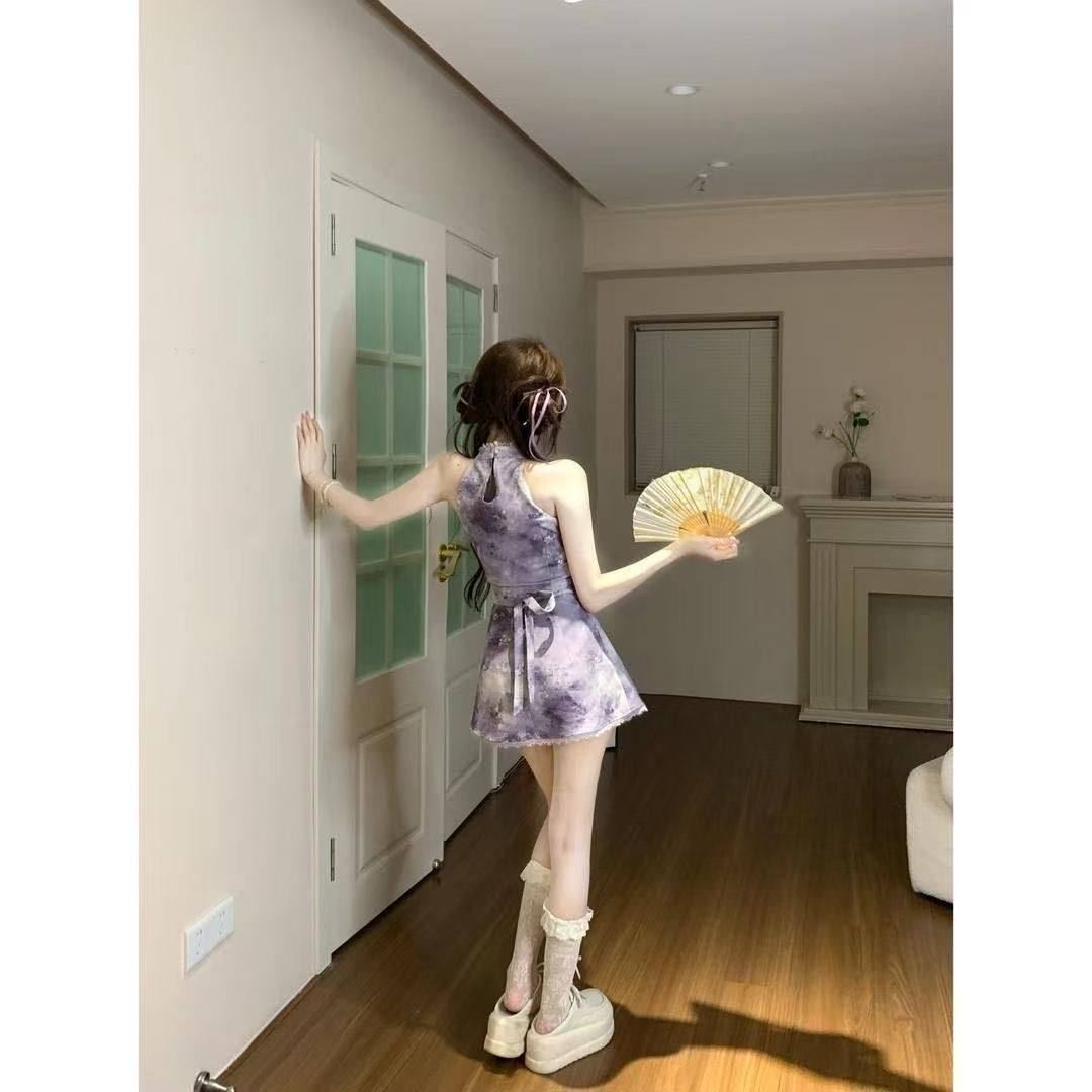 新中式国风短裙两件套装初春秋收腰设计感蕾丝挂脖开衫旗袍连衣裙,淘宝优惠券,粉丝福利购,淘宝优惠卷