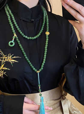 绿色串珠流苏项链新中式毛衣链