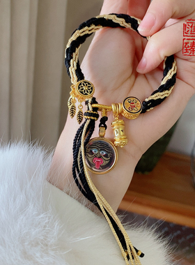 扎基拉姆黑金流苏款纯手绘唐卡藏式编织手绳男女