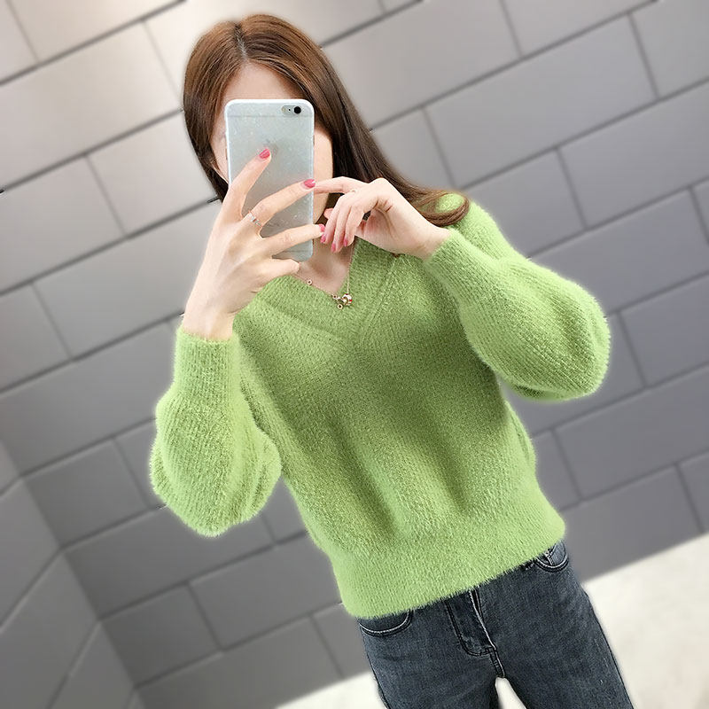 秋冬套头宽松外穿新短款水貂绒毛衣 唐缇毛衣