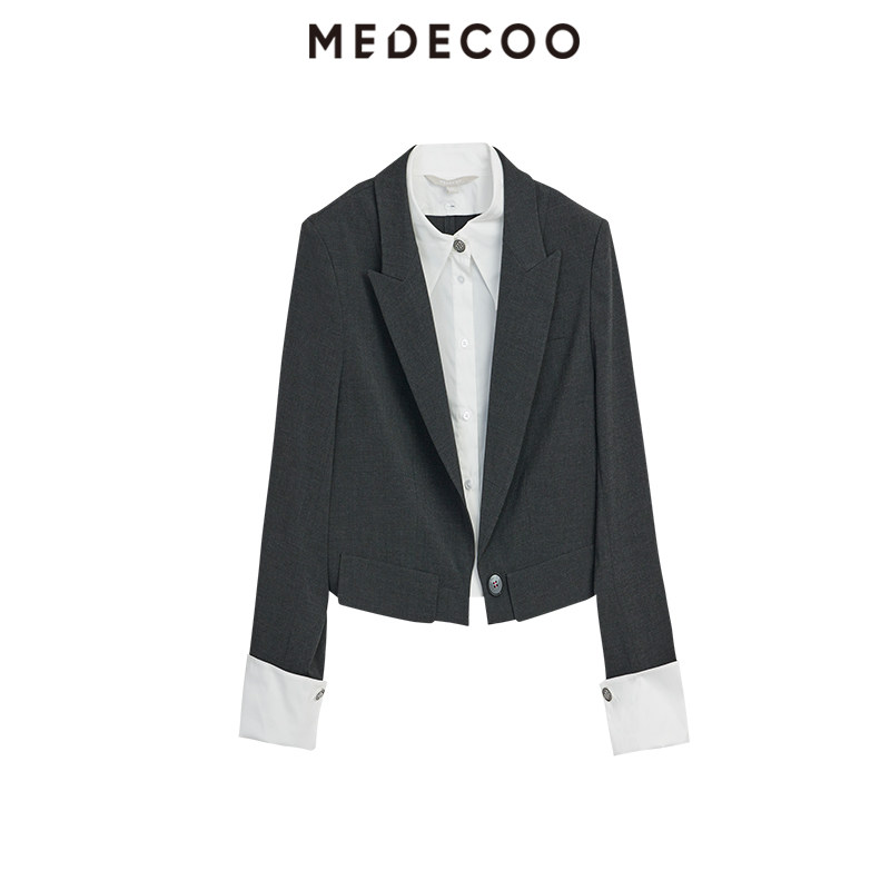 MEDECOO/墨蒂珂2025秋季新款衬衫领拼接假两件截短外套女MID31105,淘宝优惠券,粉丝福利购,淘宝优惠卷