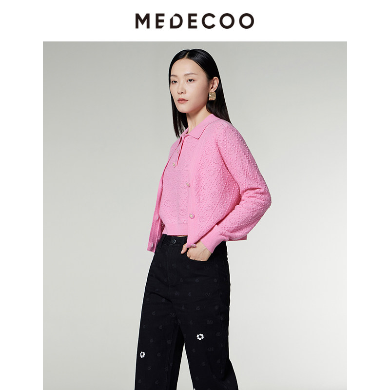 MEDECOO/墨蒂珂2024秋季新款 V领长袖提花羊毛针织开衫女MID40211,淘宝优惠券,粉丝福利购,淘宝优惠卷