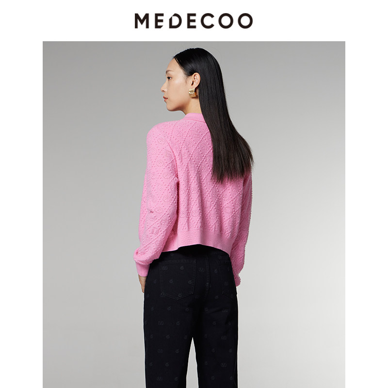 MEDECOO/墨蒂珂2024秋季新款 V领长袖提花羊毛针织开衫女MID40211,淘宝优惠券,粉丝福利购,淘宝优惠卷