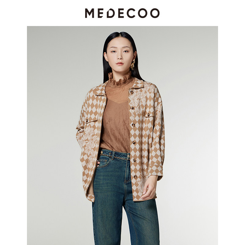 MEDECOO/墨蒂珂2024秋季新款格子印花衬衫式羊毛针织开衫MID40203,淘宝优惠券,粉丝福利购,淘宝优惠卷