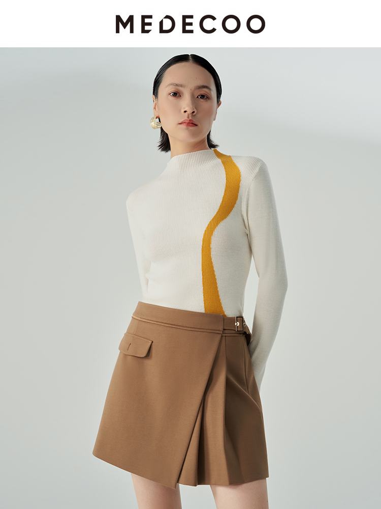 MEDECOO/墨蒂珂冬新款女装圆领撞色纯羊毛休闲针织衫MHD40316 - 图0