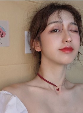 红色爱心颈链锁骨链女超仙珍珠