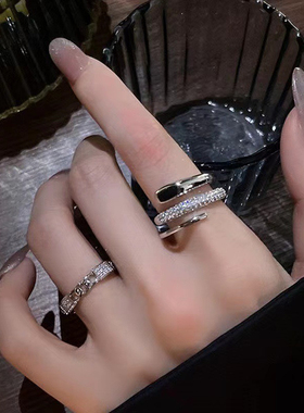 轻奢小众设计两件套开口戒指女时尚个性网红同款精致微镶食指环潮