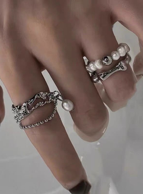 双层不规则珍珠戒指开口设计款小众大气设计时尚个性高级银指环