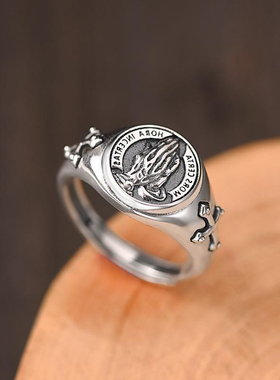 新款S925泰银男士戒指个性复古祈祷之手开口祈福创意指环时尚泰银